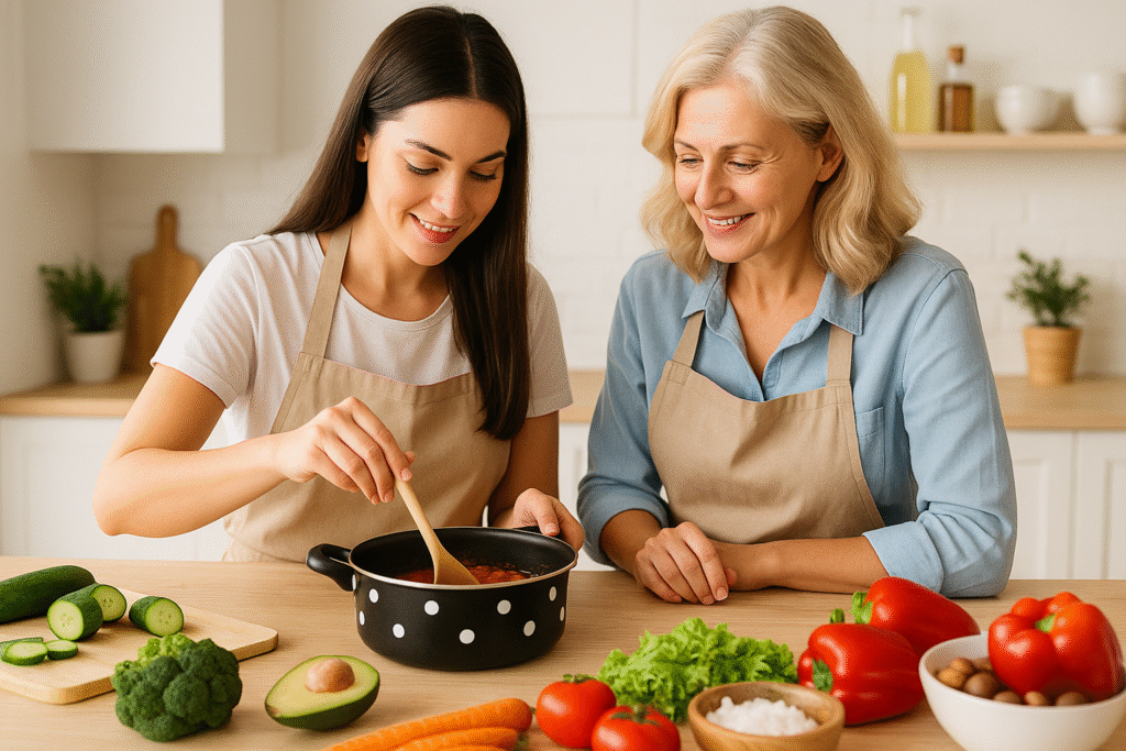 Duas mulheres de avental cozinhando juntas em cozinha clara e moderna, misturando ingredientes frescos coloridos em panela sobre a bancada repleta de legumes, verduras e temperos.