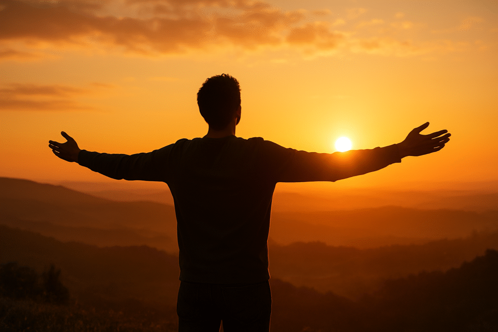 Pessoa de braços abertos contemplando o pôr do sol em uma paisagem montanhosa, simbolizando liberdade, equilíbrio e desenvolvimento pessoal.