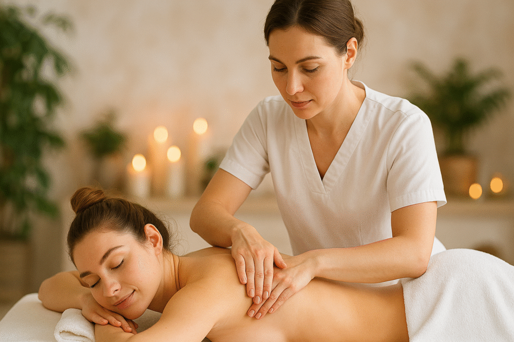 Massoterapeuta profissional aplicando massagem relaxante nas costas de uma cliente deitada, em ambiente com fundo verde claro, representando curso de massoterapia.