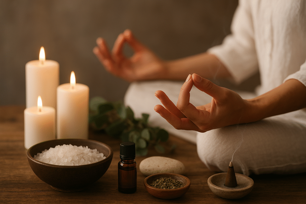 Pessoa em posição de meditação, com velas acesas, sais, ervas e óleo essencial sobre a mesa, representando práticas de terapias alternativas e bem-estar.