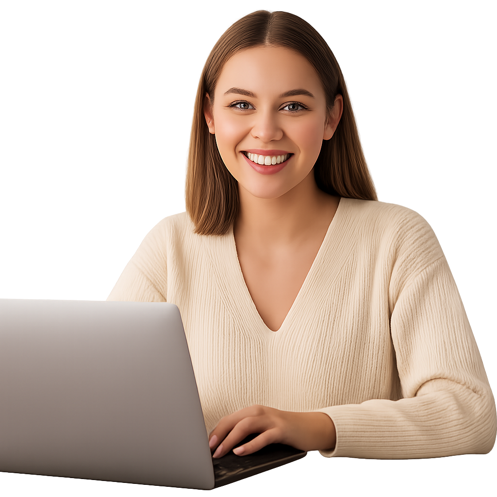 Jovem sorridente estudando em um notebook, simbolizando satisfação e crescimento com os cursos online do Instituto Aprimore.