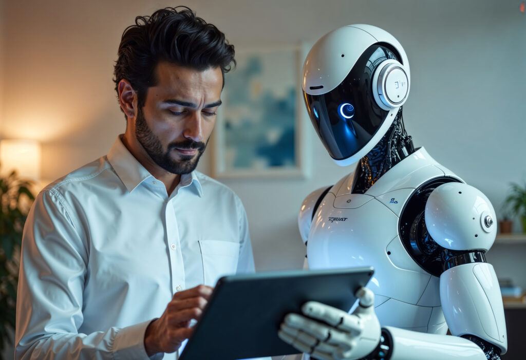 Homem interagindo com robô humanoide em um tablet, simbolizando o uso da inteligência artificial no dia a dia.
