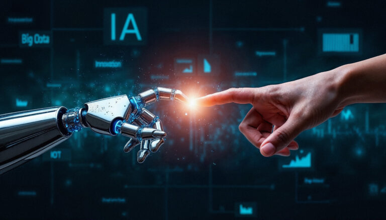 Mão humana tocando mão robótica, simbolizando a conexão entre pessoas e tecnologia no curso Inteligência Artificial no Dia a Dia.