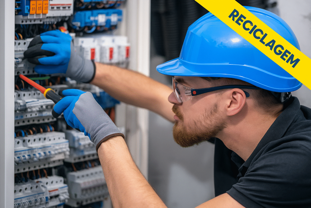 Eletricista com capacete azul, luvas e óculos de proteção realizando manutenção em painel elétrico, representando a Reciclagem NR 10 do Instituto Aprimore.